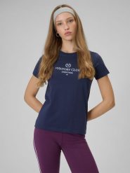4F T-shirt regular z nadrukiem damski - granatowy L. Niebieskie t-shirty damskie 4F, l, bez wzorów, z dzianiny, bez kołnierzyka, bez ramiączek. Za 59.99 zł.