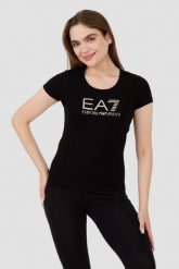 EA7 Czarny t-shirt ze srebrnym logo. Niebieskie t-shirty damskie EA7 Emporio Armani, xs, bez wzorów, bez kołnierzyka, bez ramiączek. W wyprzedaży za 170.99 zł.