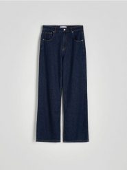 Jeansy wide leg - granatowy. Niebieskie jeansy damskie Reserved, bez wzorów, z bawełny, z podwyższonym stanem. W wyprzedaży za 119.99 zł.