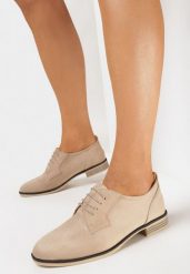 Beżowe Półbuty z Imitacji Zamszu i Wiązaniem Vilsita. Brązowe półbuty damskie Born2be, bez wzorów, eleganckie, bez obcasa, bez zapięcia. Za 79.99 zł.