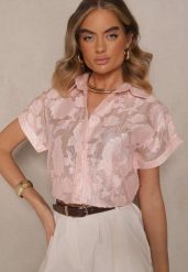 Różowa Koszula z Krótkim Rękawem Zdobiona Kwiatowym Wzorem Frorela. Czerwone koszule damskie Renee, m, z aplikacjami, eleganckie, bez kołnierzyka, bez ramiączek. Za 74.99 zł.