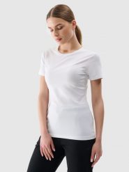 4F T-shirt slim gładki damski - biały XL. Białe t-shirty damskie 4F, xl, bez wzorów, z bawełny, klasyczne, bez kołnierzyka, bez ramiączek. Za 39.99 zł.