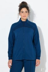 Damskie Bluza rozpinana wstawki prążkowane stójka długi rękaw. Niebieskie bluzy damskie Ulla Popken, plus size, bez wzorów, z bawełny, sportowe, bez ramiączek, bez kaptura. Za 239.99 zł.