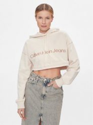 Calvin Klein Jeans Bluza Hero Monologo Short Hoodie J20J222540 Écru Regular Fit. Bluzy damskie Calvin Klein Jeans, xs, bez wzorów, z bawełny, bez ramiączek, bez kaptura. Za 339.99 zł.