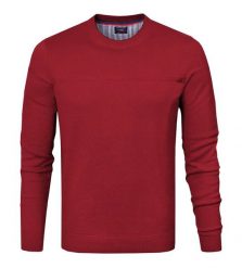 Bawełniany Męski Sweter z Okrągłym Dekoltem (U-Neck) - Pako Jeans - Czerwony. Czerwone swetry męskie Pako Jeans, l, bez wzorów, z bawełny, biznesowe, bez kołnierzyka, bez ramiączek. Za 169.00 zł.