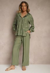 Zielony Wiskozowy Komplet Oversize Zdobiony Haftem Koszula i Spodnie Sadrianae. Zielone koszule damskie Renee, l, z aplikacjami, z materiału, eleganckie, bez kołnierzyka, bez ramiączek. Za 99.99 zł.
