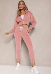 Różowy Komplet Dresowy z Bawełny Bluza z Kapturem i Spodnie Slim Inerisa. Czerwone bluzy damskie Renee, l, z aplikacjami, z bawełny, eleganckie, bez ramiączek, z kapturem. Za 119.99 zł.