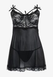 Czarna Koszula Nocna z Paseczkami i Kokardkami Wykończona Falbanką w Zestawie Stringi Sacchi. Czarne koszule nocne damskie Born2be, z koronki. Za 34.99 zł.