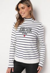 Biały Sweter Golf w Paski z Haftem Enika. Białe swetry nierozpinane damskie Born2be, z aplikacjami, bez kołnierzyka, bez ramiączek. Za 129.99 zł.