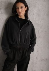 Czarna Bluza Bomberka z Bawełny Oversize Ozdobiona Kołnierzem Vimelles. Czarne bluzy damskie Renee, m, bez wzorów, z bawełny, eleganckie, bez ramiączek, bez kaptura. Za 149.99 zł.
