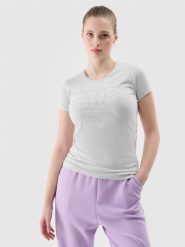 4F T-shirt slim z nadrukiem damski - szary XS. Szare t-shirty damskie 4F, xs, bez wzorów, z bawełny, sportowe, bez kołnierzyka, bez ramiączek. W wyprzedaży za 39.99 zł.