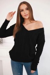 Sweter pleciony z dekoltem V czarny. Czarne swetry nierozpinane damskie KESI, l, bez wzorów, z wełny, bez kołnierzyka, plus size, bez ramiączek. Za 158.92 zł.