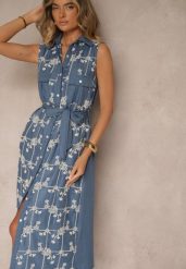 Niebieska Sukienka Koszulowa z Wiązanym Paskiem i Haftowanym Zdobieniem Malenea. Niebieskie sukienki damskie Renee, na co dzień, l, z aplikacjami, z jeansu, eleganckie, bez kołnierzyka, bez ramiączek, maxi, koszulowe. Za 99.99 zł.