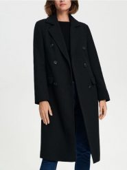 Płaszcz dwurzędowy - czarny. Czarne płaszcze damskie Sinsay, l, bez wzorów, eleganckie, bez kołnierzyka, bez kaptura. W wyprzedaży za 59.99 zł.
