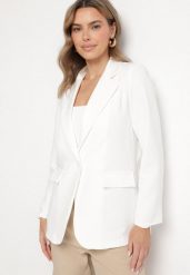 Biała Marynarka Jednorzędowa ze Wzorem Pasków Viviella. Białe marynarki i żakiety damskie Born2be, bez wzorów, z jeansu, eleganckie, bez kołnierzyka, bez ramiączek. Za 109.99 zł.