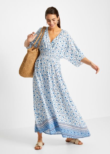 Długa sukienka z czystej wiskozy. Niebieskie sukienki damskie bonprix, bez wzorów, z wiskozy, eleganckie, bez kołnierzyka, bez ramiączek, maxi. Za 169.99 zł.