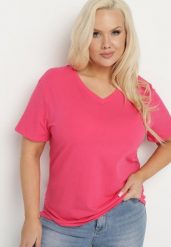 Różowy Bawełniany T-shirt z Trójkątnym Dekoltem Nusalia. Czerwone t-shirty damskie Born2be, uniwersalny, bez wzorów, z bawełny, bez kołnierzyka, bez ramiączek. Za 29.99 zł.