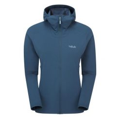 Kurtka softshellowa damska Rab Borealis Hoody z kapturem. Niebieskie kurtki sportowe damskie RAB, bez wzorów, z softshellu, bez ramiączek, z kapturem, trekkingowe. Za 539.99 zł.