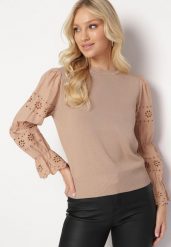 Beżowy Sweter z Ażurowym Rękawem Ozdobionym Haftem Obylike. Brązowe swetry nierozpinane damskie Born2be, w ażurowe wzory, bez kołnierzyka, bez ramiączek. Za 84.99 zł.