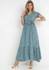 Niebieska Sukienka Lalosyne. Niebieskie sukienki damskie Born2be, s, z aplikacjami, bez kołnierzyka, bez ramiączek, maxi, kopertowe. Za 74.99 zł.