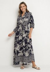 Niebieska Sukienka Koszulowa Ozdobiona Egzotycznym Wzorem z Wiskozy Merasitia. Niebieskie sukienki damskie Born2be, na co dzień, l, z aplikacjami, z jeansu, eleganckie, bez kołnierzyka, bez ramiączek, maxi, koszulowe. Za 109.99 zł.