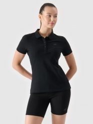 4F Koszulka polo slim damska - czarna XL. Czarne bluzki damskie 4F, xl, bez wzorów, z bawełny, klasyczne, bez kołnierzyka, bez ramiączek. W wyprzedaży za 59.99 zł.