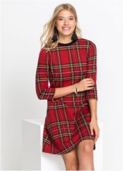 Sukienka mini żakardowa w kratę. Czerwone sukienki damskie bonprix, bez wzorów, z żakardem, bez kołnierzyka, bez ramiączek, mini. Za 137.99 zł.