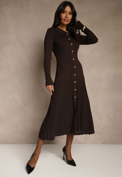 Brązowa Sweterkowa Sukienka z Wiskozy Ozdobiona Guzikami Zozeria. Brązowe sukienki damskie Renee, na co dzień, bez wzorów, z wiskozy, eleganckie, bez kołnierzyka, bez ramiączek, midi, proste. Za 149.99 zł.