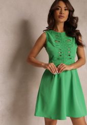 Zielona Sukienka Mini Bez Rękawów z Wycięciami i Haftem Lilka. Zielone sukienki damskie Renee, s, bez wzorów, bez kołnierzyka, bez ramiączek, mini. Za 49.99 zł.