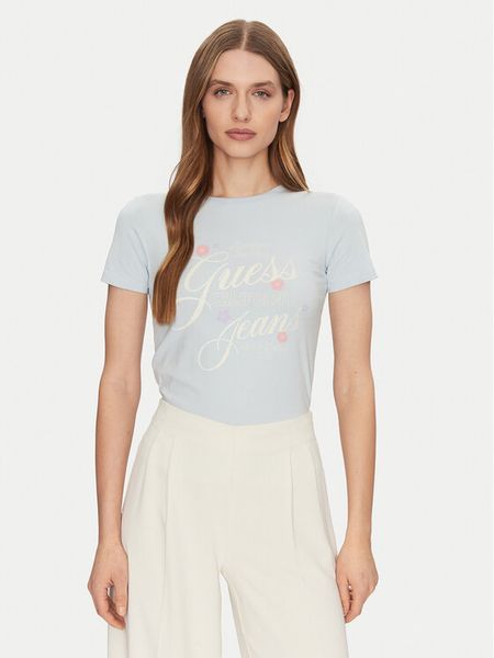 Guess Jeans T-Shirt W5GI24 J1314 Niebieski Regular Fit. Niebieskie t-shirty damskie Guess Jeans, l, z aplikacjami, z bawełny, bez kołnierzyka, bez ramiączek. Za 79.99 zł.
