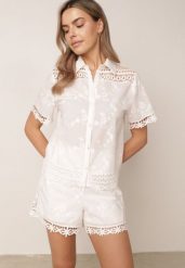 Biały Bawełniany Komplet w Stylu Boho Koszula i Szorty z Haftem Lephine. Białe koszule damskie Born2be, l, w ażurowe wzory, z bawełny, boho, bez kołnierzyka, bez ramiączek. Za 219.99 zł.