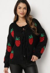 Czarny Kardigan Wiązany z Domieszką Wełny i Wiskozy Ozdobiony Wzorem w Truskawki Cesiella. Czarne kardigany damskie Born2be, na lato, z aplikacjami, z jeansu, eleganckie, bez kołnierzyka. Za 129.99 zł.