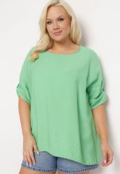 Zielony Wiskozowy T-shirt Koszulka z Krótkim Rękawem Podwijanym i Haftem na Plecach Mleoria. Zielone bluzki damskie Born2be, bez wzorów, z wiskozy, bez kołnierzyka, bez ramiączek. Za 79.99 zł.