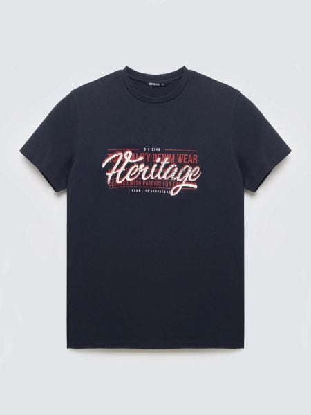 Koszulka męska z nadrukiem granatowa Keren 403. Niebieskie t-shirty męskie BIG STAR, l, bez wzorów, z bawełny, bez kołnierzyka, bez ramiączek. Za 99.99 zł.