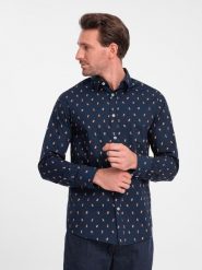 Bawełniana koszula męska we wzory SLIM FIT - atramentowa V3 OM-SHCS-0151 - XL. Niebieskie koszule męskie Ombre Clothing, l, bez wzorów, z bawełny, klasyczne, bez kołnierzyka, bez ramiączek. W wyprzedaży za 79.99 zł.