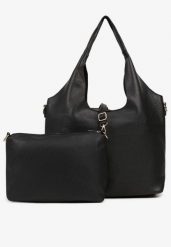 Czarna Torebka Typu Shopper z Dodatkową Saszetką i Przeszyciami Latarina. Czarne torebki do ręki damskie Born2be, bez wzorów, z jeansu, bez dodatków. Za 119.99 zł.