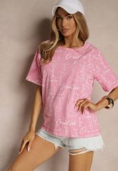Różowy Bawełniany T-shirt o Kroju Oversize z Ozdobnym Nadrukiem Aveneli. Czerwone t-shirty damskie Renee, m, z aplikacjami, z bawełny, eleganckie, bez kołnierzyka, bez ramiączek. Za 39.99 zł.