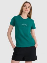 4F T-shirt regular z nadrukiem damski - turkusowy XS. Niebieskie koszulki sportowe damskie 4F, uniwersalny, bez wzorów, z bawełny, bez ramiączek. W wyprzedaży za 39.99 zł.