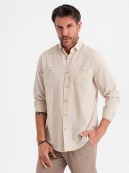 Koszula męska lniana z klasycznym kołnierzykiem i kieszeniami REGULAR FIT – kremowa V3 OM-SHCS-0134 - XXL. Białe koszule męskie Ombre Clothing, na lato, l, z aplikacjami, z bawełny, klasyczne, bez kołnierzyka, bez ramiączek. Za 131.99 zł.