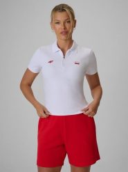 4F Koszulka kibica polo damska - biała L. Białe bluzki damskie 4F, l, bez wzorów, z materiału, bez kołnierzyka, bez ramiączek. Za 99.99 zł.