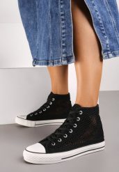 Czarne Trampki z Wysoką Cholewką Ozdobione Perforacją Velagia. Czarne trampki i tenisówki damskie Born2be, bez wzorów, przed kolano, bez zapięcia. Za 19.99 zł.