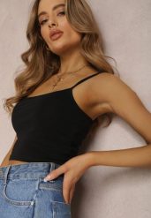 Czarny Top Tryphitheme. Czarne topy damskie Renee, l, z aplikacjami, z bawełny, bez kołnierzyka, bez ramiączek. Za 14.99 zł.