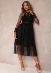 Czarna Sukienka Lylah. Czarne sukienki damskie Renee, na studniówkę, l, z aplikacjami, z tiulu, eleganckie, bez kołnierzyka, bez ramiączek, midi, rozkloszowane. Za 129.99 zł.