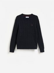 Sweter z haftem - granatowy. Niebieskie swetry męskie Reserved, l, bez wzorów, z bawełny, bez kołnierzyka, bez ramiączek. Za 149.99 zł.