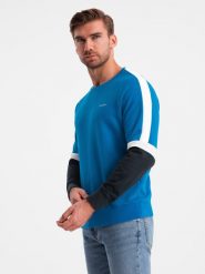 Trójkolorowa dresowa męska bluza z raglanowymi rękawami – niebieska V4 - Rozmiar: L. Niebieskie bluzy męskie Ombre Clothing, l, bez wzorów, z bawełny, sportowe, bez ramiączek, bez kaptura. W wyprzedaży za 99.99 zł.