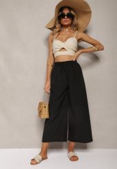 Czarne Spodnie High Waist z Szerokimi Nogawkami z Wiskozą Wykończone Gumką w Talii Crisantas. Czarne spodnie sportowe damskie Renee, bez wzorów, z jeansu, biznesowe, z podwyższonym stanem. Za 34.99 zł.