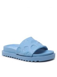 Guess Klapki Fabetza FL6BZT ELE19 Niebieski. Niebieskie klapki damskie Guess, z aplikacjami, ze skóry, bez obcasa, bez zapięcia. Za 329.99 zł.