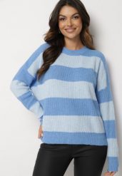 Niebieski Sweter w Pasy z Wełną Zakończony Ściągaczem Tiaelle. Niebieskie swetry nierozpinane damskie Born2be, bez wzorów, z wełny, klasyczne, bez kołnierzyka, bez ramiączek. Za 129.99 zł.