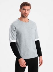 Trójkolorowa męska bluza dresowa z raglanowymi rękawami – szara V1 - Rozmiar: XL. Szare bluzy męskie Ombre Clothing, m, bez wzorów, z bawełny, sportowe, bez ramiączek, bez kaptura. W wyprzedaży za 69.99 zł.