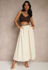 Jasnobeżowa Rozkloszowana Spódnica z Paskiem i Kieszeniami Vikaritte. Brązowe spódnice damskie Renee, na co dzień, l, bez wzorów, eleganckie, maxi, proste. Za 119.99 zł.